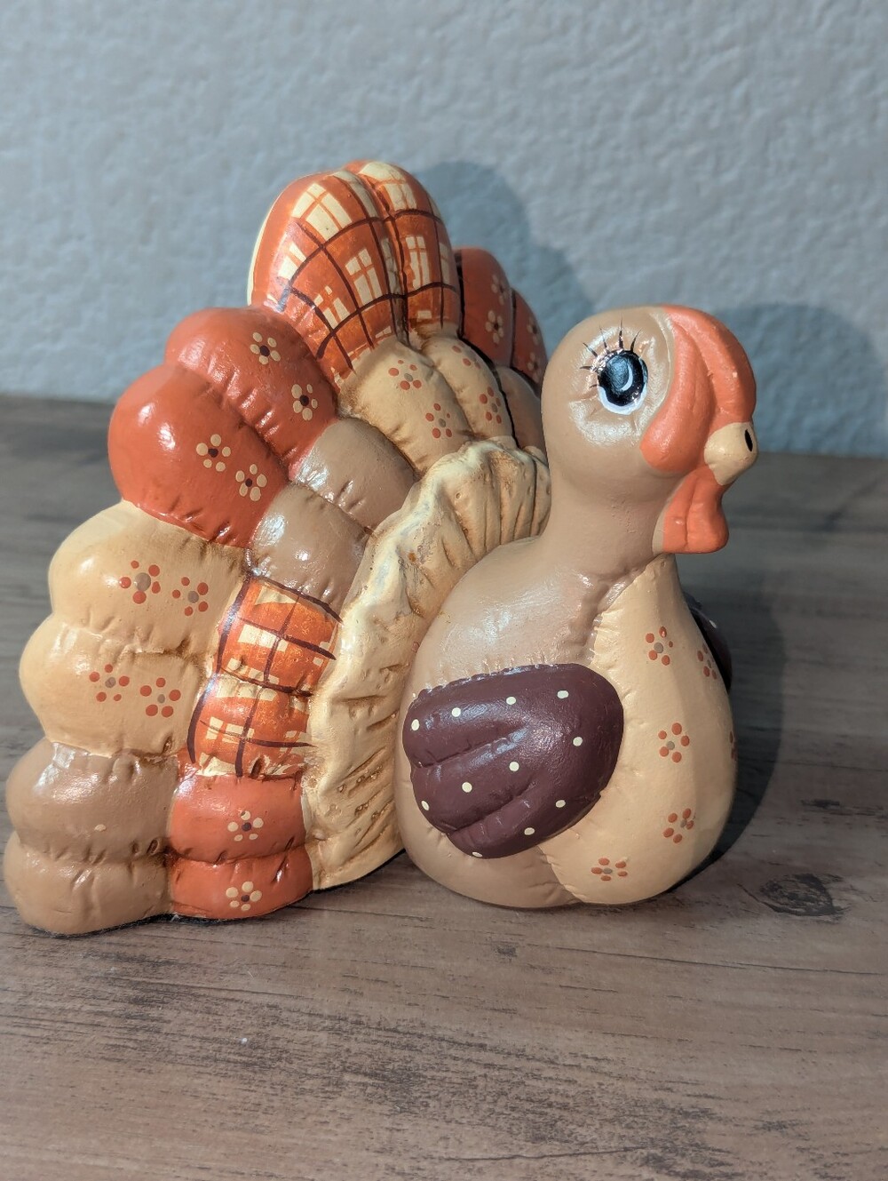 Vintage 80s/90s Patchwork Quilt Ceramic Turkey Figurine